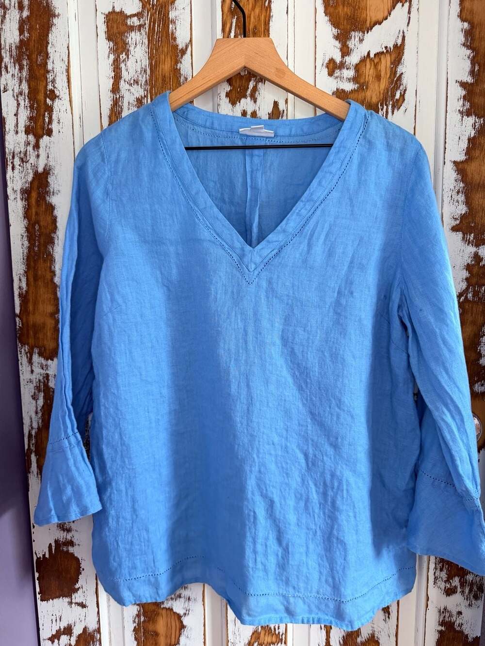 J.Jill Love Linen V-Neck Top Blue Size M Flounced Sleeve Coastal